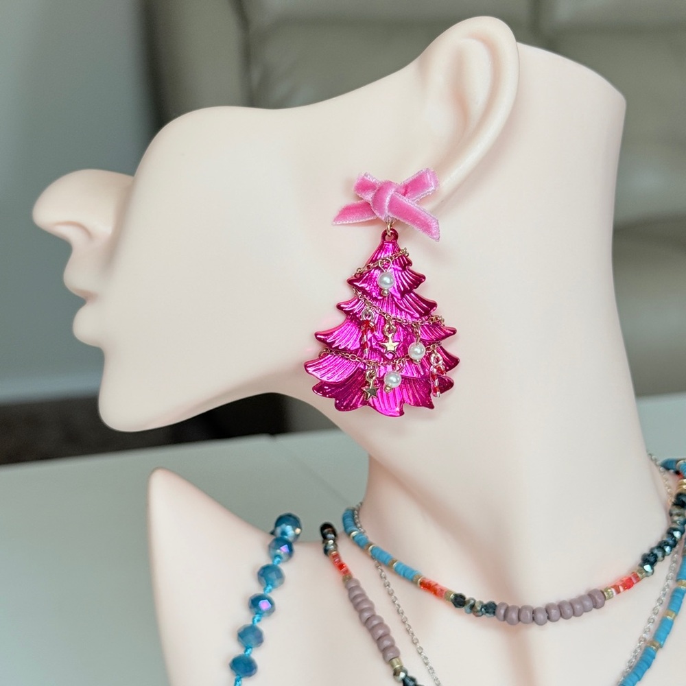 Pink Ribbon Tree Drop Earrings